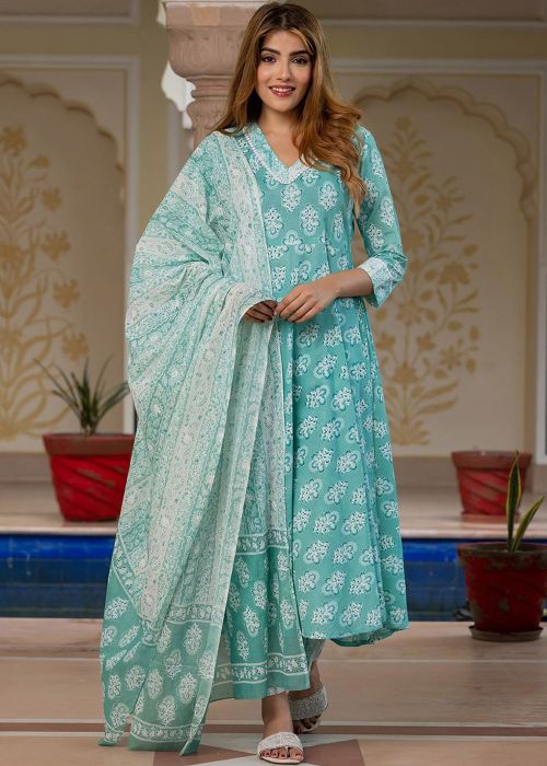 Blue Cotton Floral Print Anarkali Suit