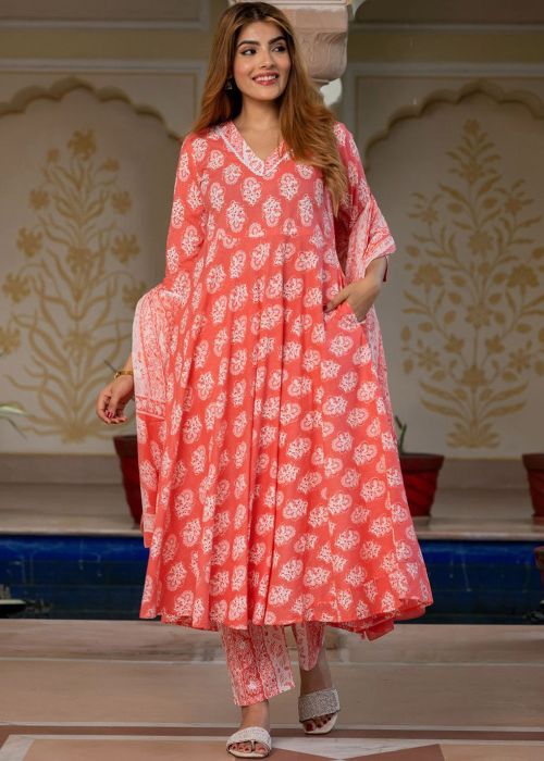 Peach Cotton Anarkali Suit With Floral Print