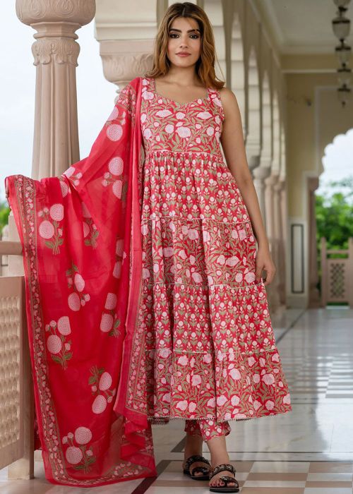 Pink Cotton Anarkali Suit With Floral Print Dupatta