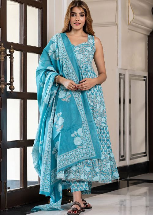 Aqua Blue Cotton Anarkali Suit With Tonal Floral Print