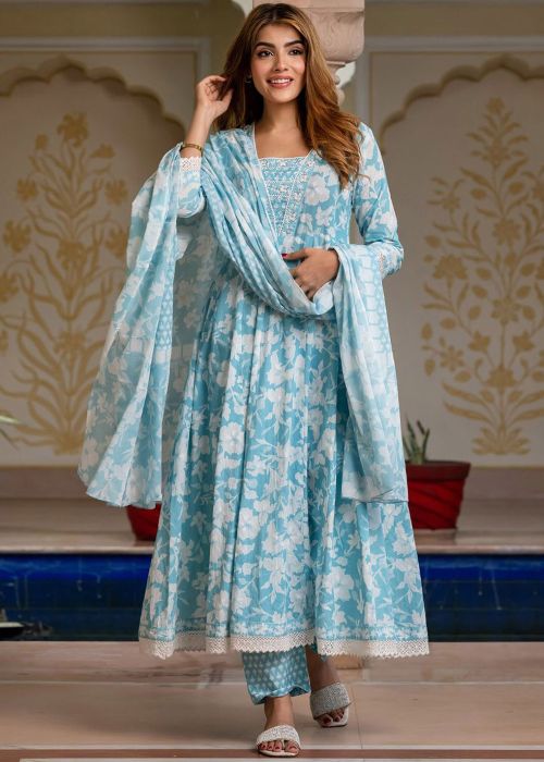 Sky Blue Cotton Anarkali Suit With Floral Dupatta