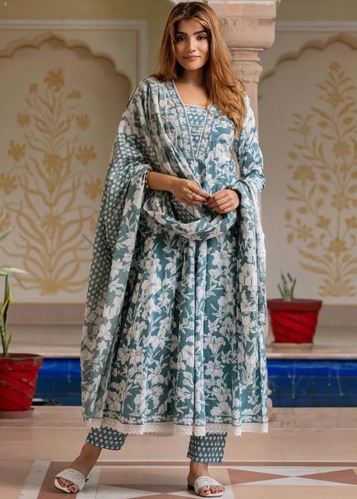 Teal Green Cotton Anarkali Suit With Floral Print