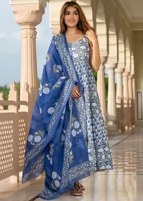 Royal Blue Cotton Anarkali Suit With Floral Motifs