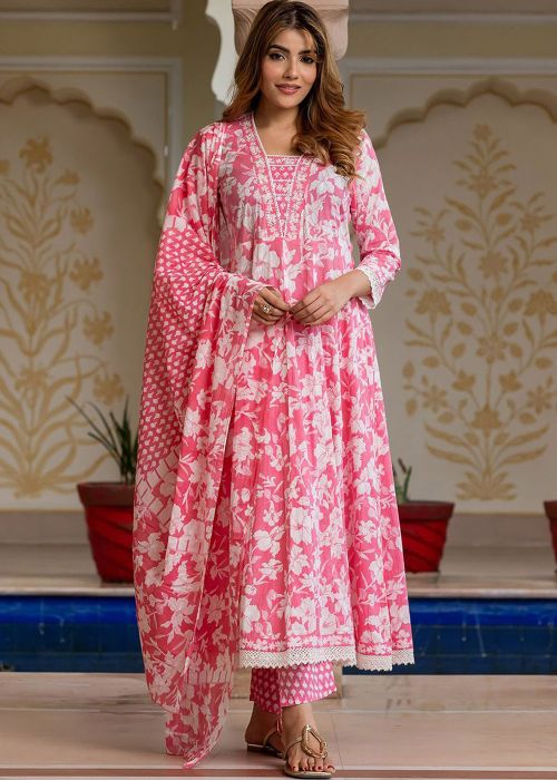 Pink Cotton Anarkali Suit With White Floral Print
