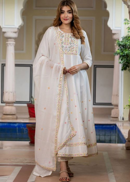 White Cotton Anarkali Suit With Pastel Motifs