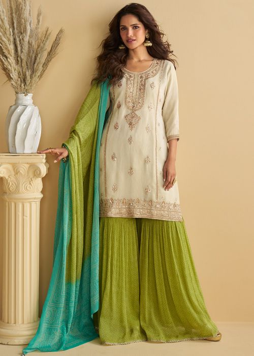 Beige Chiffon Sharara Suit With Bandhej Dupatta