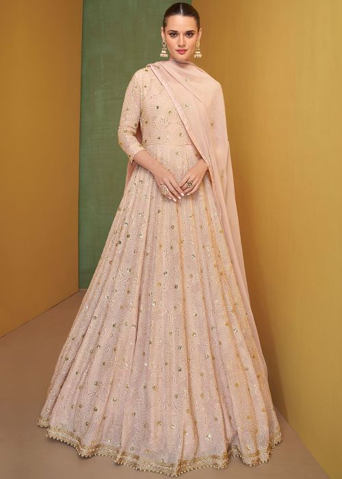 Peach Georgette Anarkali Suit With Sequin Embroidery