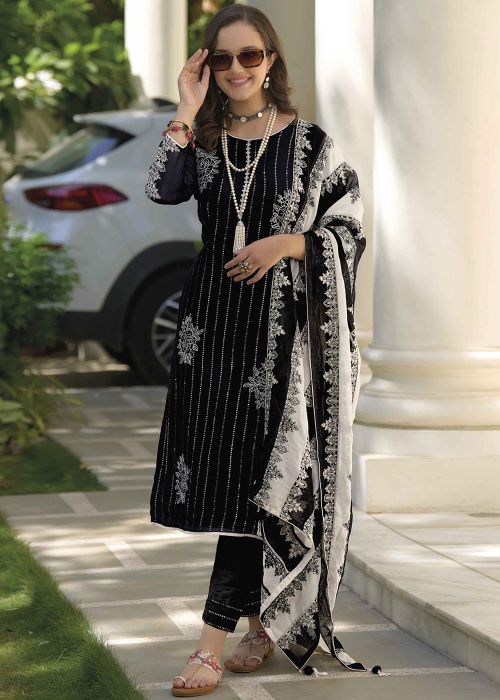 Black Georgette Suit With Embroidered Dupatta