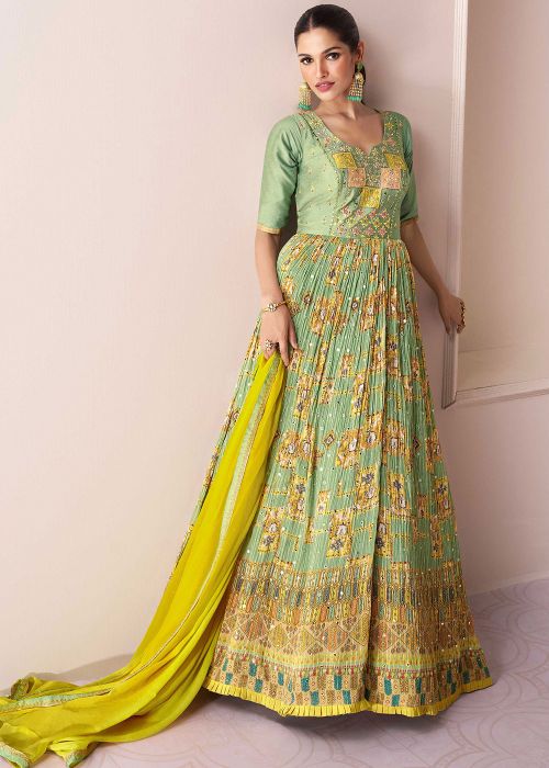 Green Silk Anarkali Suit With Heavy Zari Work