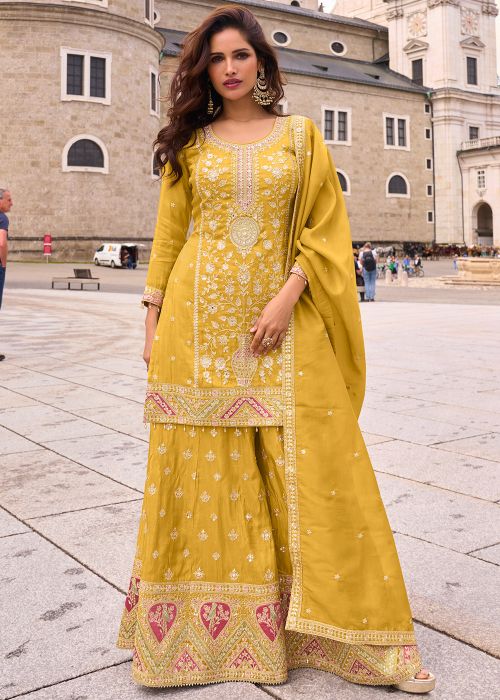 Yellow Shimmer Sharara Suit With Zari Embroidery