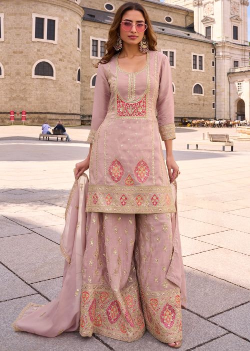 Pink Shimmer Sharara Suit With Sequins Work