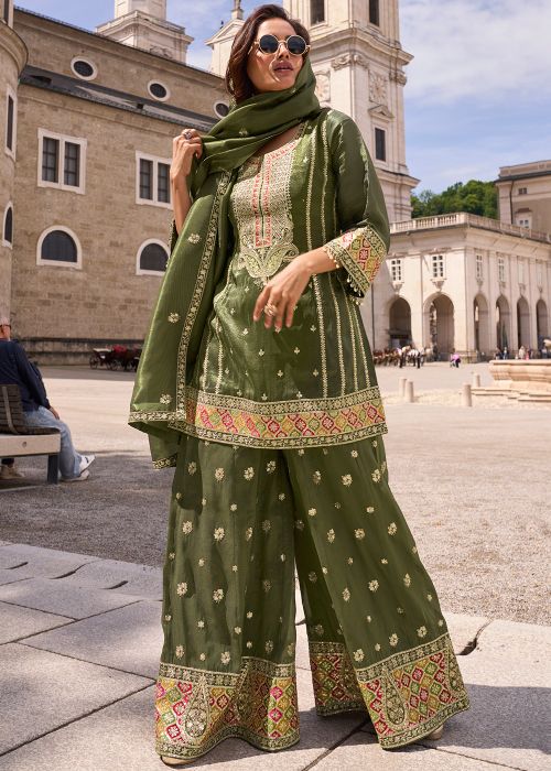 Green Shimmer Sharara Suit With Zari Detailing