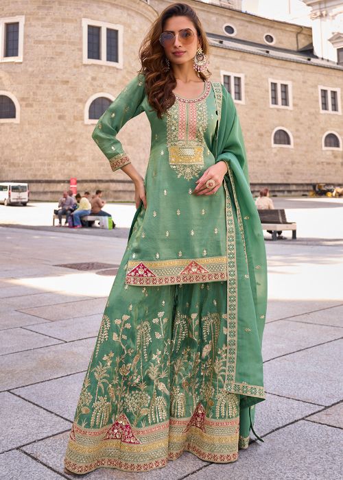 Pastel Green Shimmer Sharara Suit With Embroidery Work