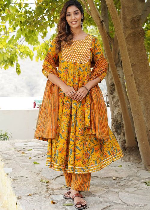 Mustard Yellow Cotton Anarkali Suit With Floral Print