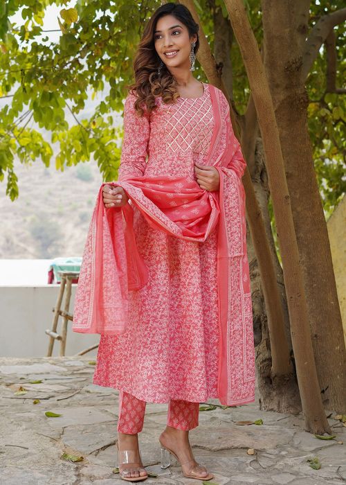 Coral Pink Cotton Anarkali Suit With Floral Print