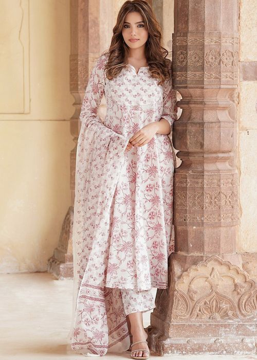 Cream Cotton Anarkali Suit With Floral Print