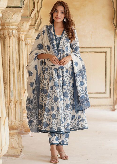 White Blue Cotton Anarkali Suit With Big Florals