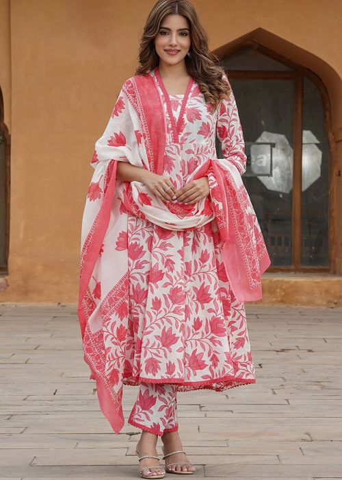White & Pink Cotton Anarkali Suit With Prints