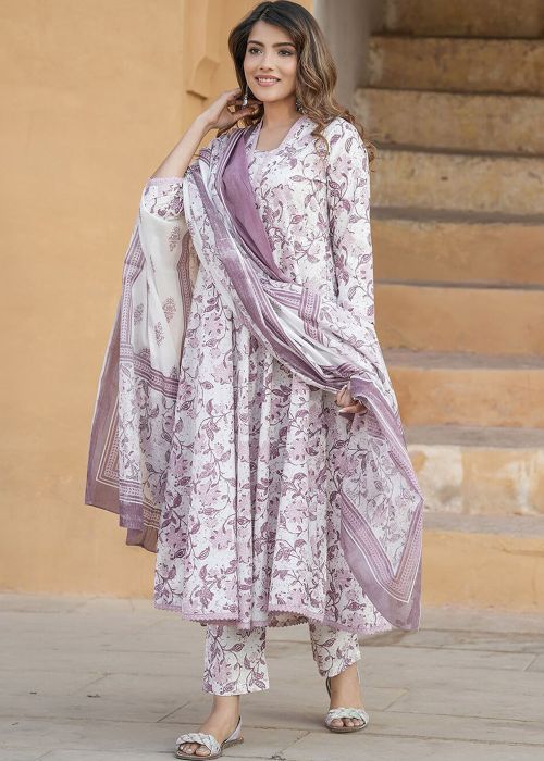 White & Purple Cotton Anarkali Suit With Floral Print