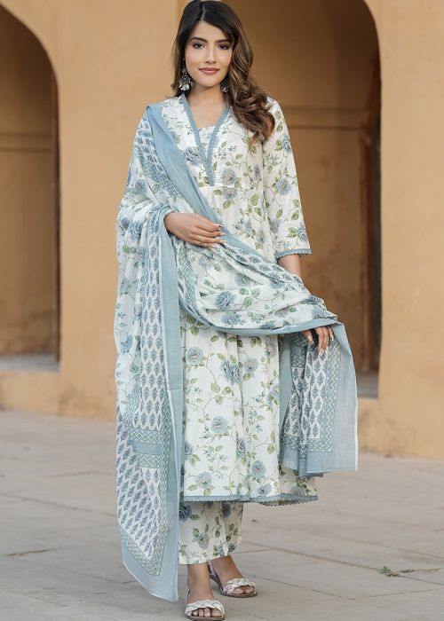 Mint White Cotton Anarkali Suit With Floral Accent