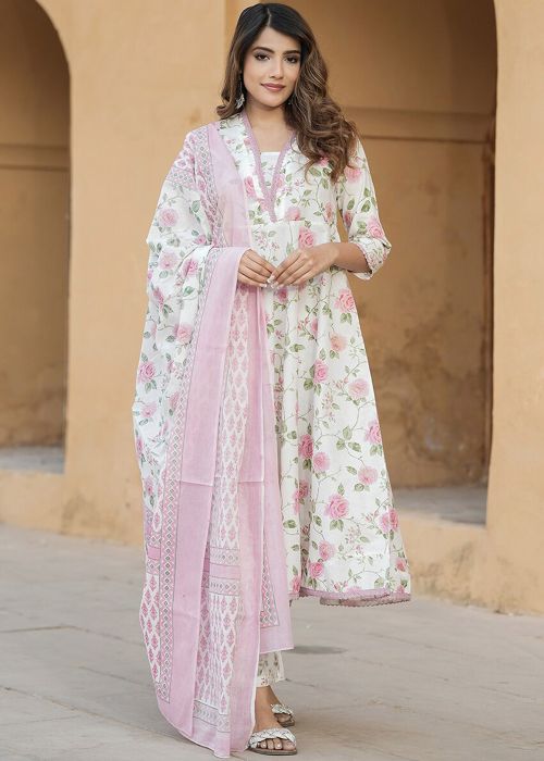 White Pink Cotton Anarkali Suit With Floral Print