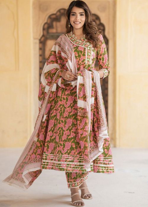 Green Cotton Anarkali Suit With Floral Detailing
