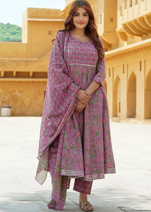 Lavender Cotton Anarkali Suit With Floral Design