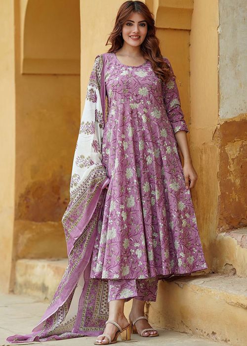 Mauve Purple Cotton Anarkali Suit With Printed Dupatta