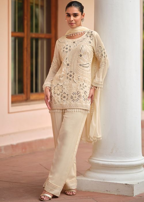 Beige Georgette Palazzo Suit With Bead Embroidery