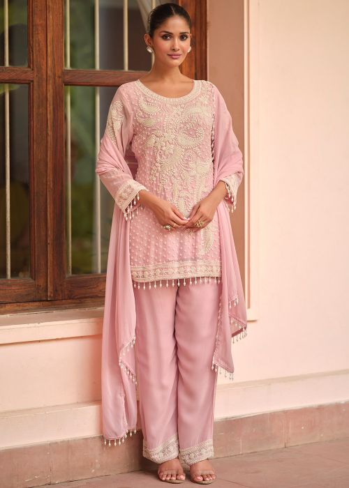 Blush Pink Georgette Palazzo Suit With Sequins