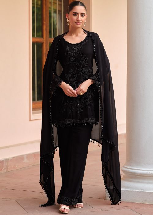Black Georgette Palazzo Suit With Tone-on-Tone Beads