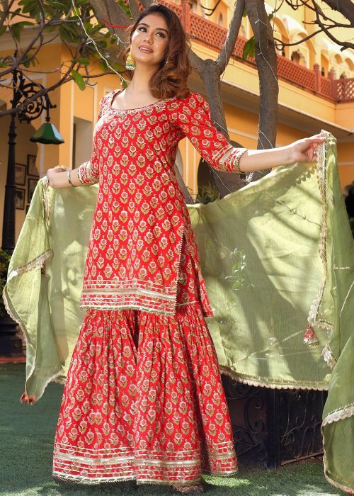 Red Cotton Gharara Suit With Floral Accents