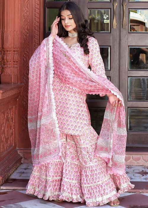 Pink Cotton Sharara Suit With Floral Print