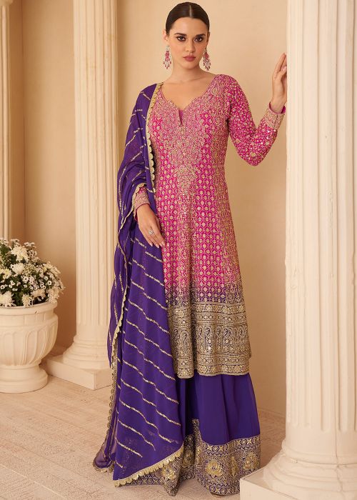 Pink Georgette Sharara Suit With Royal Embroidery