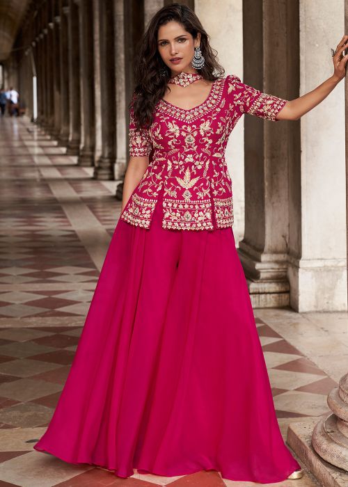 Rani Pink Organza Palazzo Suit With Zari Embroidery