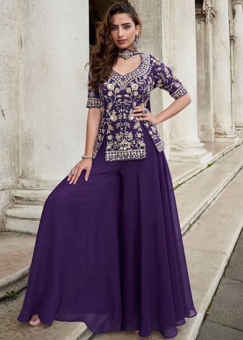 Purple Organza Palazzo Suit With Sequins Detailing