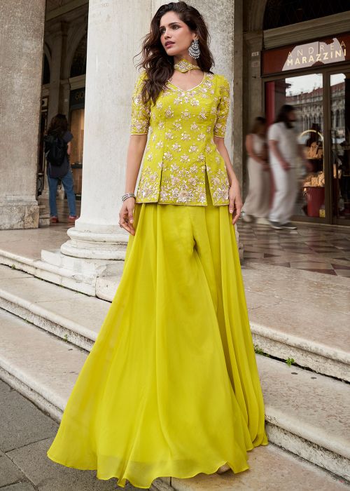 Yellow Organza Palazzo Suit With Zari Work