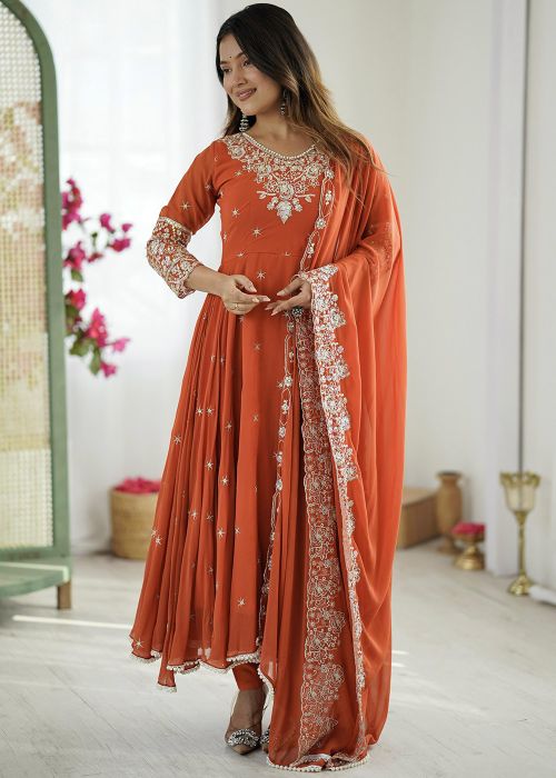 Orange Georgette Anarkali Suit With Thread Embroidery