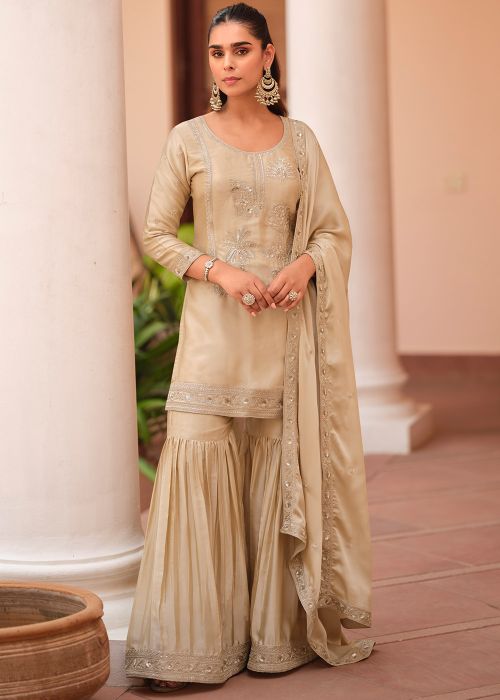 Beige Satin Gharara Suit With Zari Sequins Work