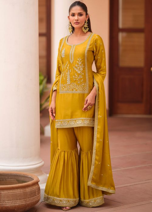 Mustard Yellow Satin Gharara Suit With Sequins Work