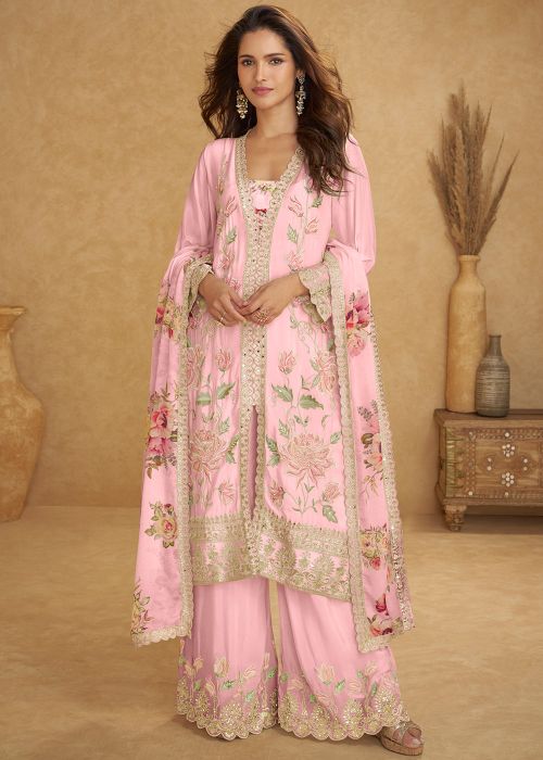 Pink Chiffon Palazzo Suit With Floral Embroidery