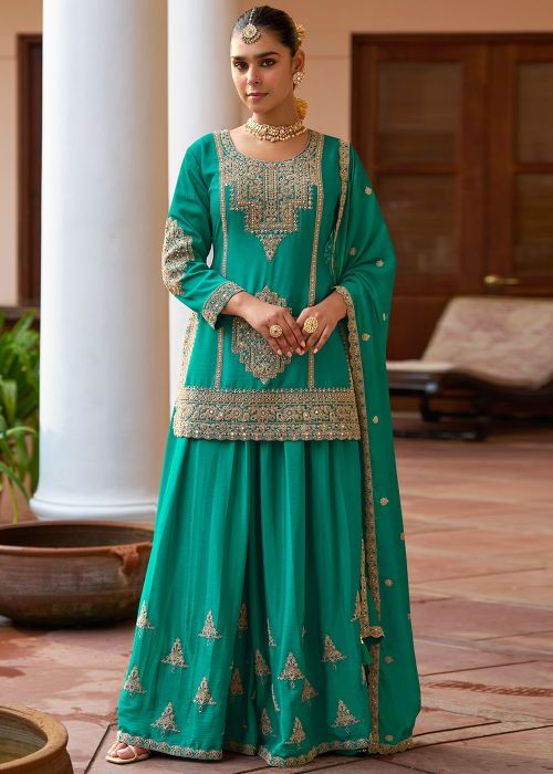 Turquoise Chiffon Sharara Suit With Dori Embroidery