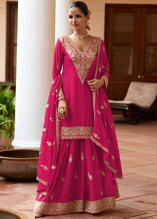 hot pink pakistani dress Hot Pink Hand Embroidered Pakistani Suit: Zari Work Wedding Outfit