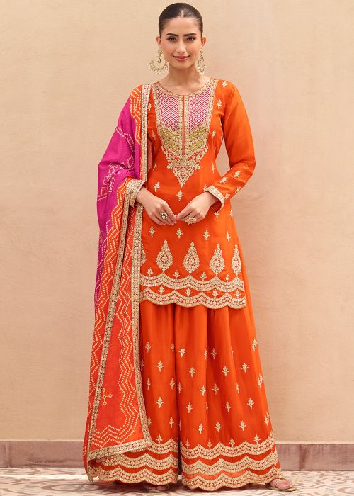 Orange Chiffon Palazzo Suit With Zari Accents