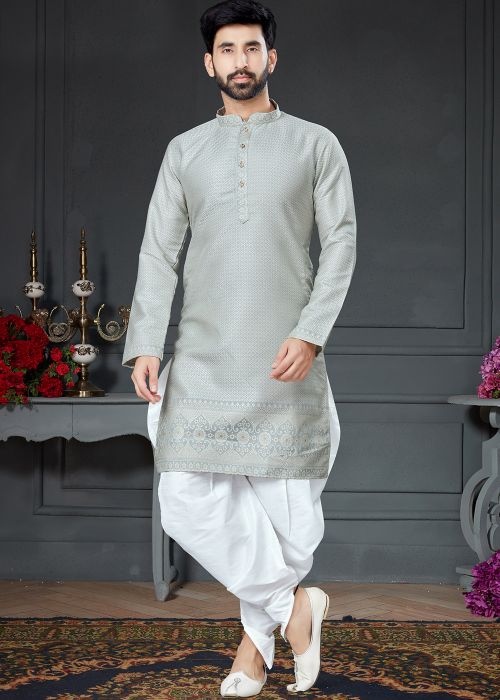 Green Jacquard Silk Woven Dhoti Kurta For Men