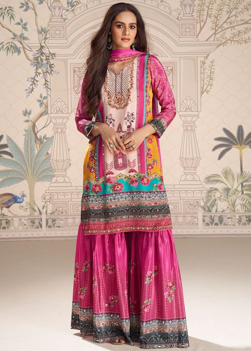 Pink Crape Sharara Suit With Mirror Work Dupatta