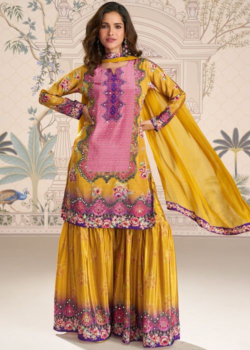 Yellow Crape Sharara Suit With Floral Print Dupatta