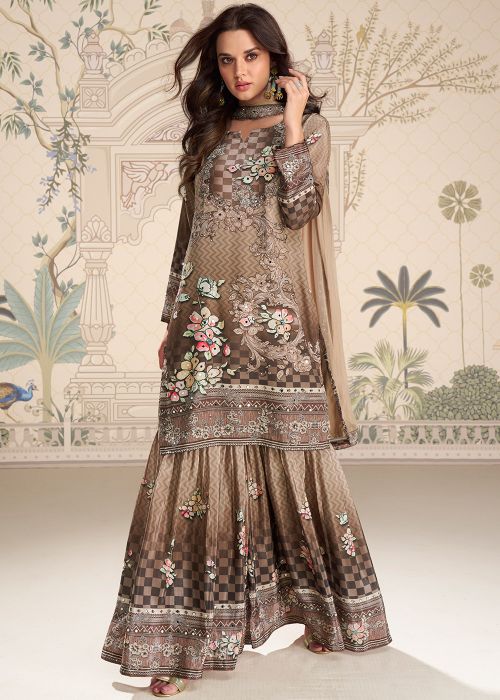 Brown Crape Sharara Suit With Mirror Embroidery