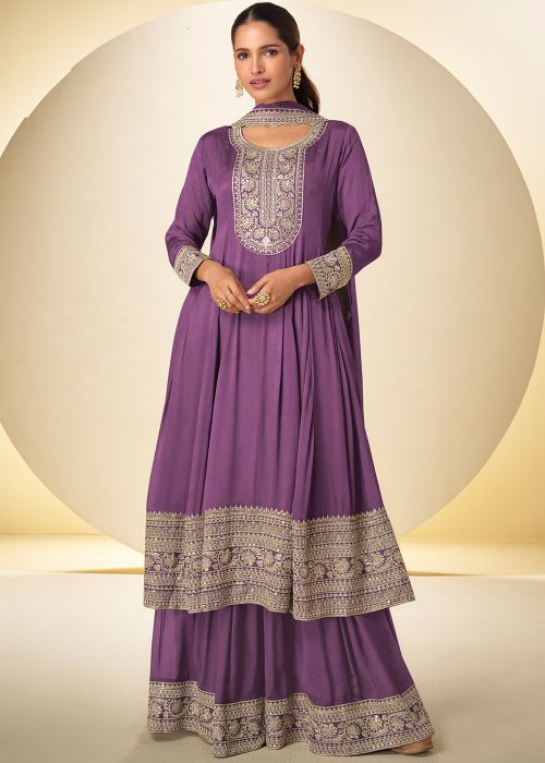 Purple Chiffon Sharara Suit With Sequins Work