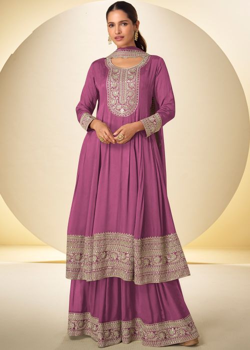 Mauve Purple Chiffon Sharara Suit With Zari Embroidery